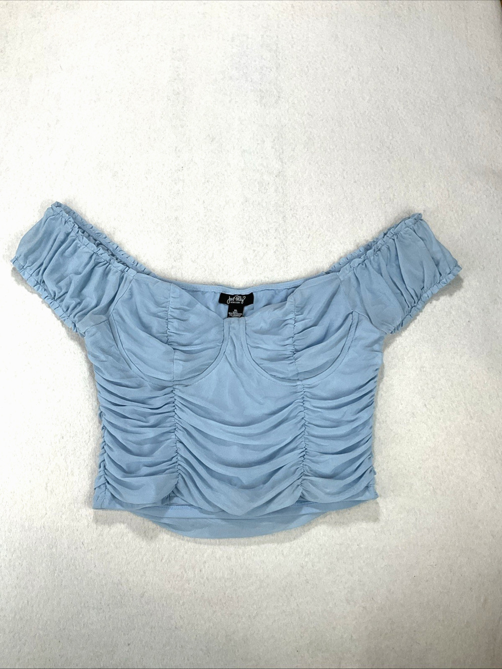 Just Polly Lt Blue Ruched Off Shoulder Y2K Sweetheart Crop Top Coquette Disco XL
